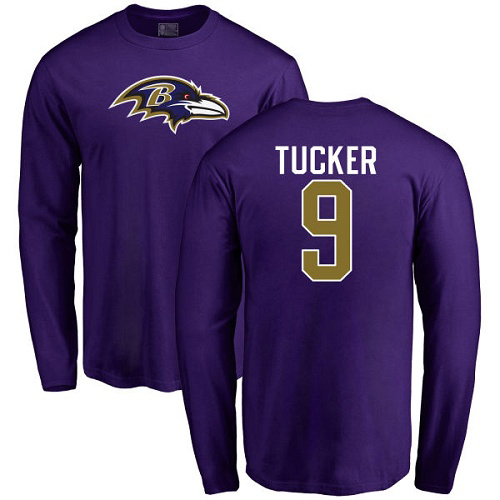 Men Baltimore Ravens Purple Justin Tucker Name and Number Logo NFL Football #9 Long Sleeve T Shirt->baltimore ravens->NFL Jersey